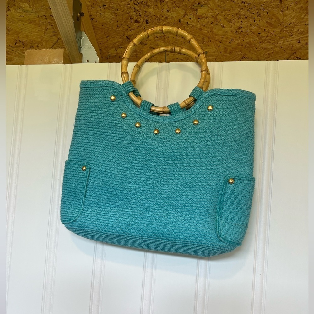 Beautiful Teal Purse With Wooden Handles Has A Few Marks InSide See Pic